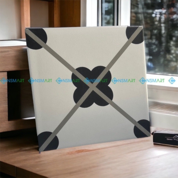 Gạch bông men nhập khẩu nền trắng bông đen cổ điển kích thước 200*200mm CNS-MART ND210
