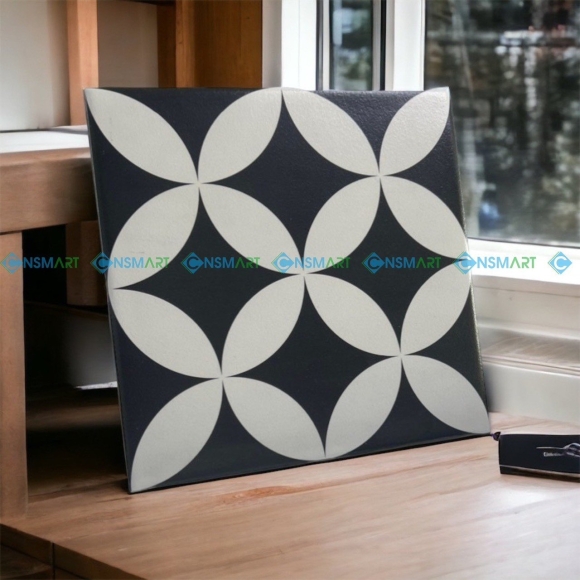 Gạch bông men nhập khẩu đồng tiền hoa trắng nền đen kích thước 200*200mm CNS-MART F2114