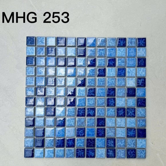 Gạch Mosaic Gốm Sứ Men Trơn Xanh Dương mix màu viên vuông nhỏ CNS- MHG253